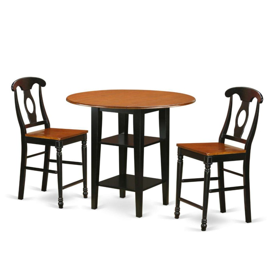 Dining Table Sets * | Budget Round East West Furniture Sudbury 3 Piece Double Drop Leaf Dining Table Set With Keyhole Back Chairs