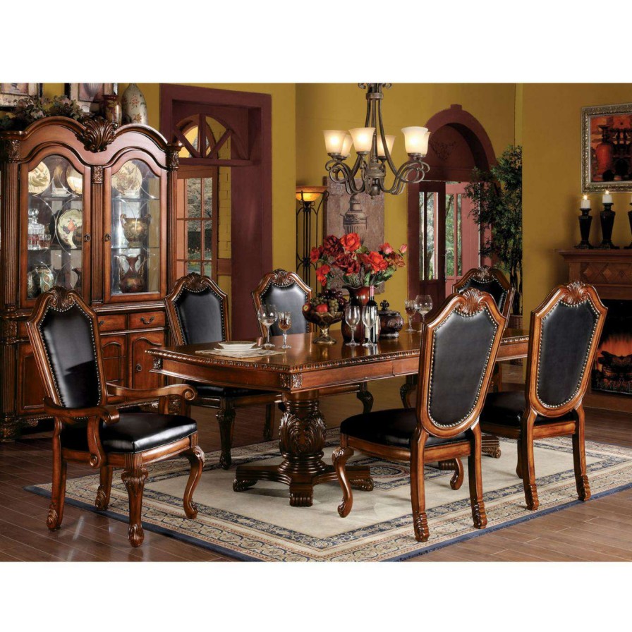 Dining Table Sets * | Best Sale Formal Dining Sets Acme Furniture Chateau De Ville 7 Piece Double Pedestal Dining Table Set Cherry With Faux Leather Chairs