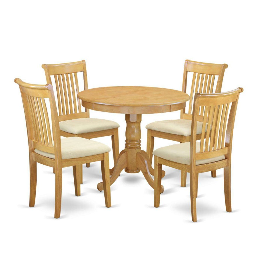 Dining Table Sets * | Best Deal Kitchen & Dinette Sets East West Furniture Antique Anpo5 Five Piece Round Pedestal Dining Set Wood