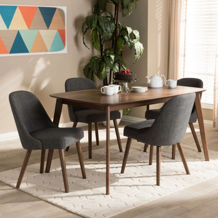 Dining Table Sets * | Budget Rectangle Baxton Studio Cody Mid-Century Modern Fabric Upholstered Wood 5 Piece Dining Set Dark Gray