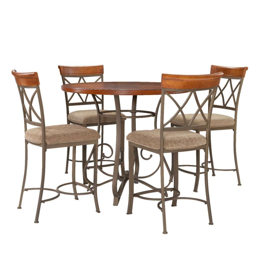 Dining Table Sets * | Flash Sale Round Powell Hamilton 5-Piece Counter Height Dining Set Brushed Faux Medium Cherry And Matte Pewter And Bronze