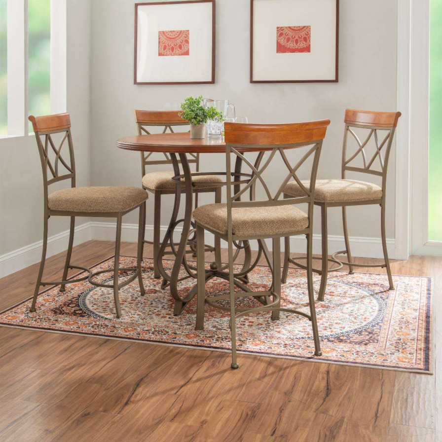 Dining Table Sets * | Flash Sale Round Powell Hamilton 5-Piece Counter Height Dining Set Brushed Faux Medium Cherry And Matte Pewter And Bronze