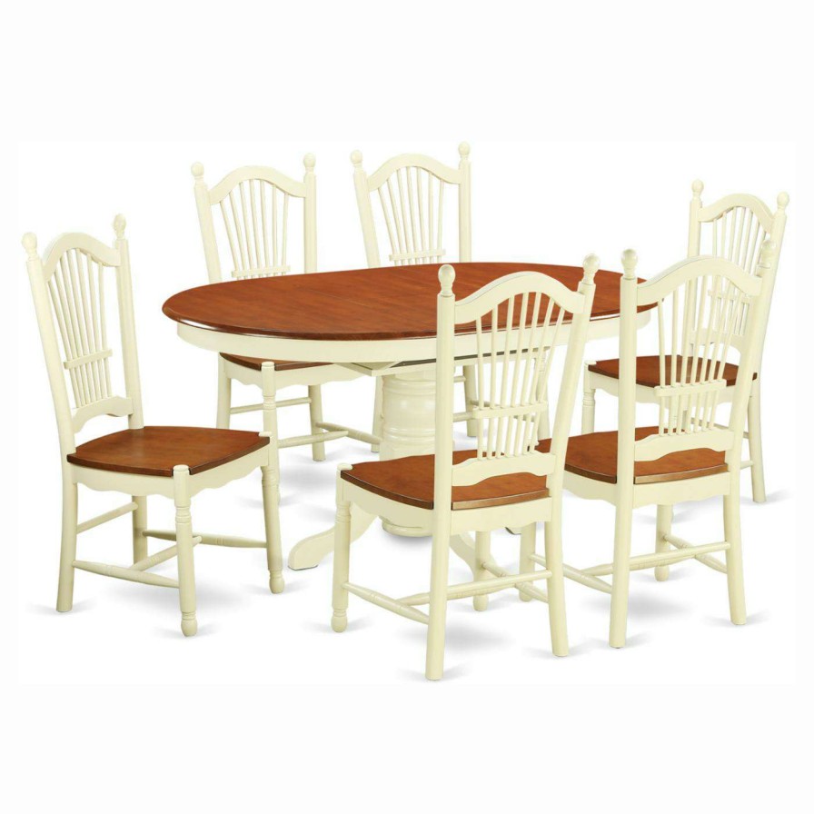 Dining Table Sets * | Best Deal East West Furniture Avon 7 Piece Pedestal Oval Dining Table Set With Dover Wooden Seat Chairs