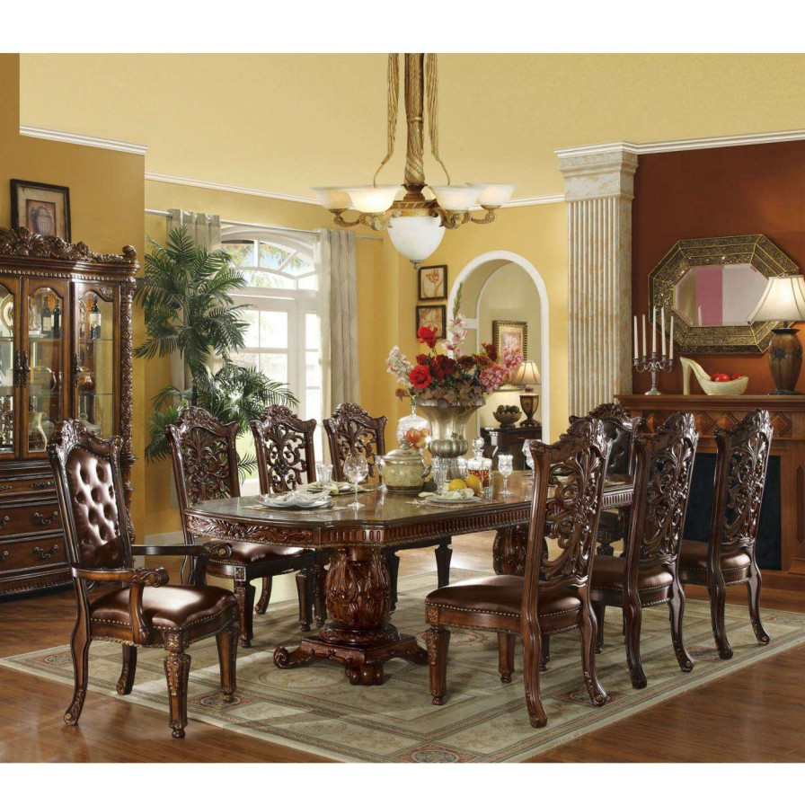 Dining Table Sets * | Best Pirce Rectangle Acme Furniture Vendome Cherry 9 Piece Double Pedestal Dining Table Set With Carved Chairs