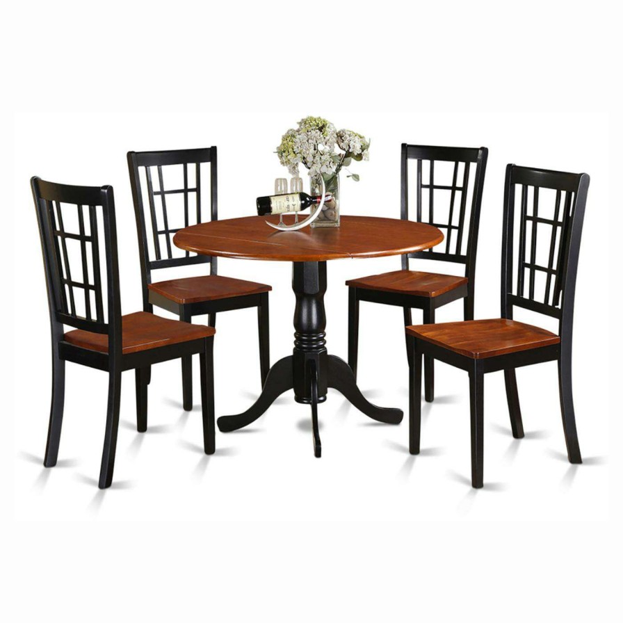 Dining Table Sets * | New Round East West Furniture Dublin 5 Piece Drop Leaf Dining Table Set With Nicoli Wooden Seat Chairs