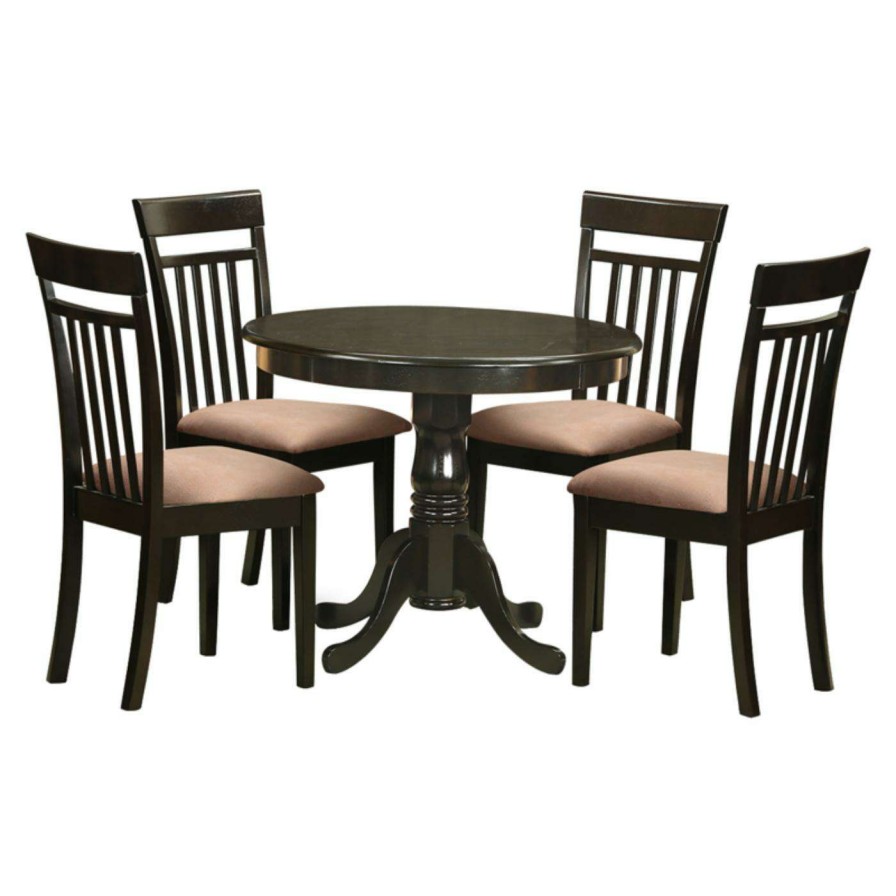 Dining Table Sets * | Best Deal East West Furniture Antique 5 Piece Pedestal Round Dining Table Set With Capri Microfiber Seat Chairs Cappuccino / Black