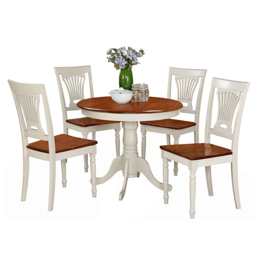 Dining Table Sets * | Hot Sale East West Furniture Antique 5 Piece Pedestal Round Dining Table Set With Plainville Wooden Seat Chairs