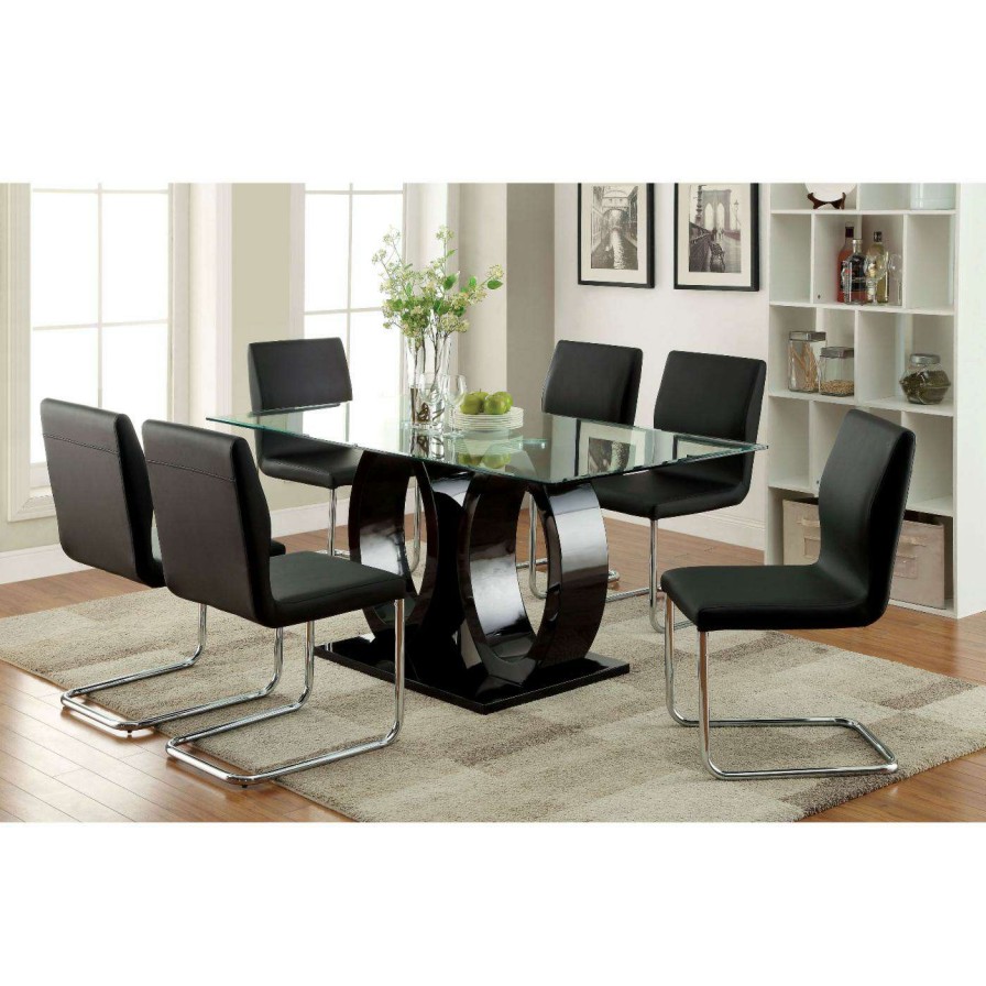 Dining Table Sets * | Buy Rectangle Furniture Of America Damore Contemporary 7 Piece High Gloss Dining Table Set Black