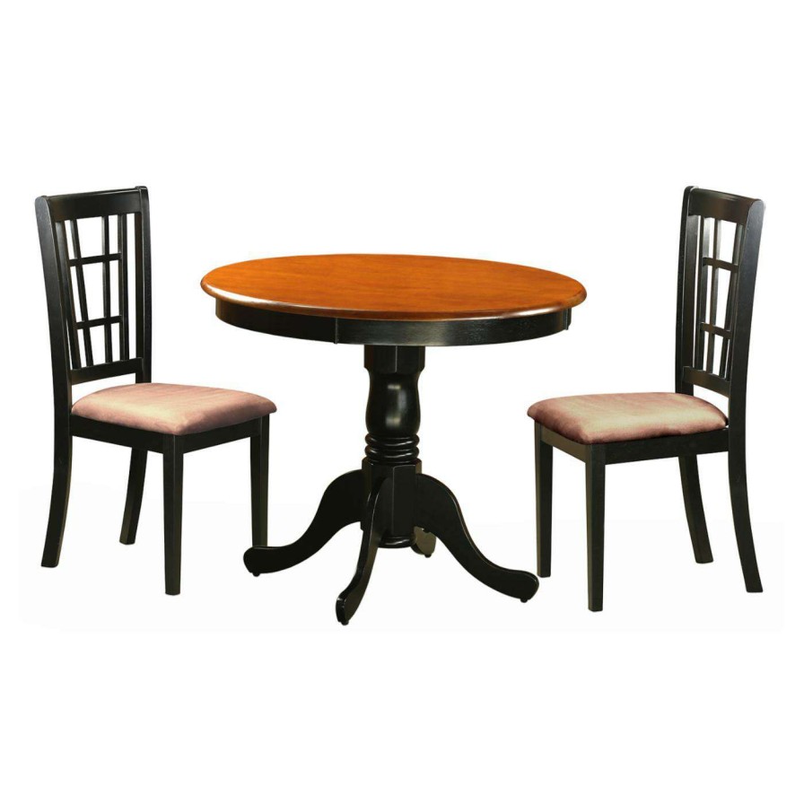 Dining Table Sets * | Promo East West Furniture Antique 3 Piece Pedestal Round Dining Table Set With Nicoli Microfiber Seat Chairs Black / Dark Brown