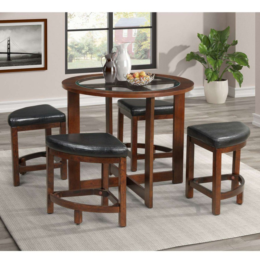 Dining Table Sets * | Top 10 Roundhill Furniture Cylina Glass Top Round Dining Table With 4 Chairs