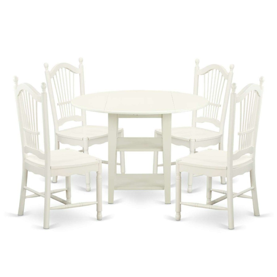 Dining Table Sets * | New Round East West Furniture Sudbury 5 Piece Dual Drop Leaf Dining Table Set With Wood Seat Dining Chairs